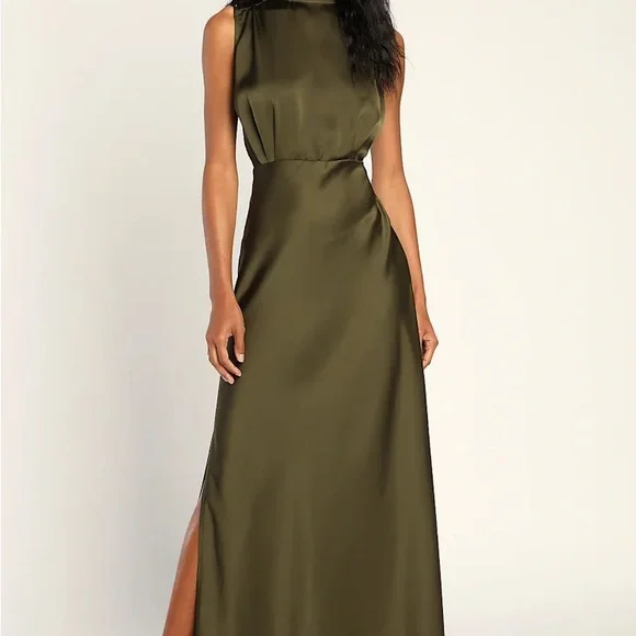 Classic Elegance Olive Satin Sleeveless Mock Neck Maxi Dress - Picture 1 of 3
